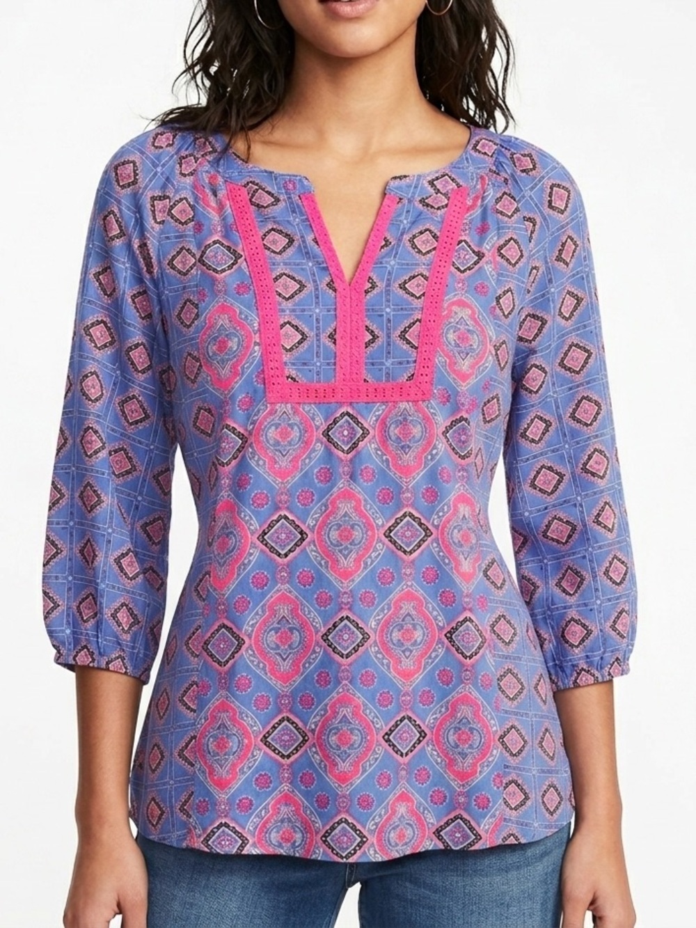 Old Navy periwinkle Blue Paisley Print Top with hot pink Accents